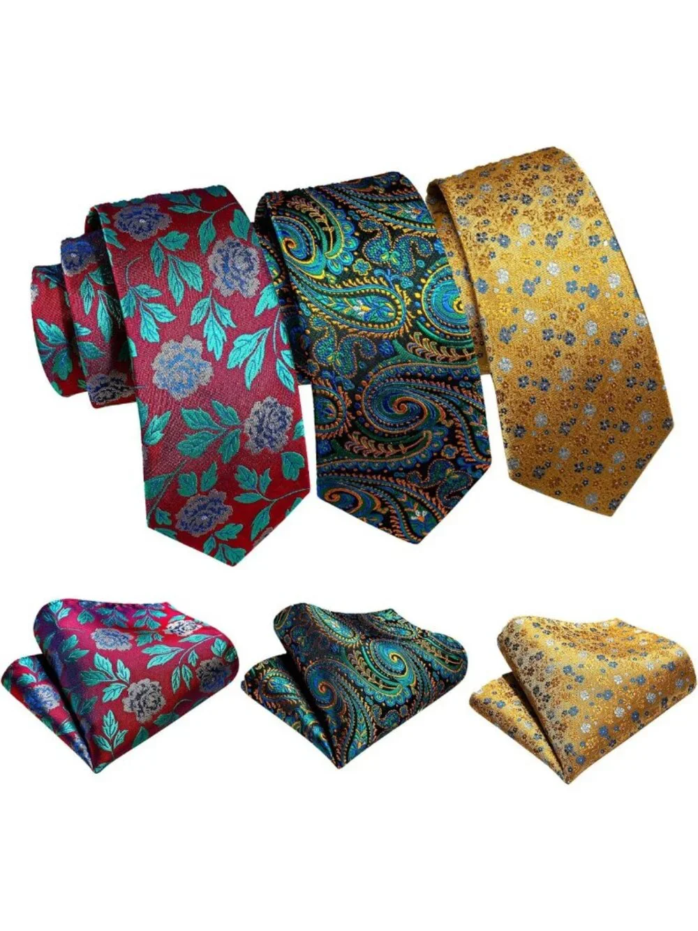 6 PCS Men's Silk Tie Set - Woven Neckties, Handkerchiefs & Cufflinks for